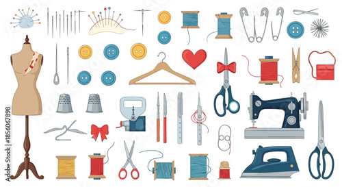 Diverse collection of sewing and tailoring icons including a mannequin, sewing machine, scissors, needles, thread spools, and buttons.