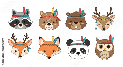 Adorable set of cartoon animal faces including raccoon, bear, deer, fox, panda, and owl wearing tribal headbands with feathers.