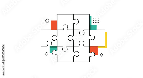 Graphic illustration of interlocking white puzzle pieces on a background of colorful geometric shapes representing teamwork and strategy.