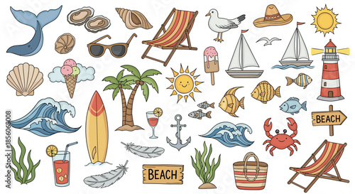 Large set of colorful hand drawn summer beach vacation and nautical icons including surfboards, shells, boats, and sea animals on white.