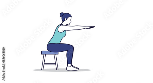 Illustration of a woman in blue and turquoise athletic wear performing a chair squat exercise for fitness and strength training programs.