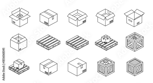 Collection of isometric line drawings of various shipping boxes, wooden crates, and pallets for logistics and warehouse management themes.
