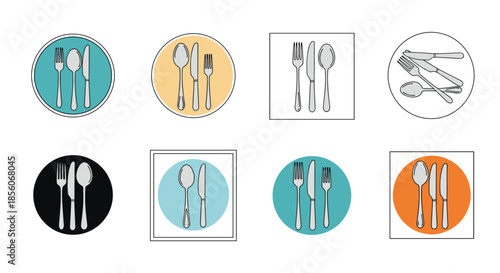 Graphic design collection of various cutlery sets including fork, knife, and spoon arranged in colorful circles and squares on white.