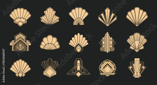 Collection of fifteen gold art deco style shell and fan shaped geometric ornaments on a dark background for luxury branding or decor.