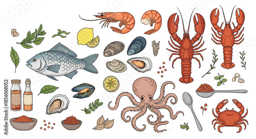 Wide variety of fresh seafood elements including fish, lobster, octopus, shrimp, mussels, and lemons for a restaurant or market theme.