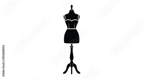 Simple black silhouette of a female tailor's dress form mannequin on a stand isolated on white for sewing or fashion design themes.