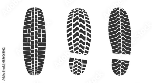 Three different black shoe sole tread patterns showing diverse textures and grips on a white background for footwear design themes.