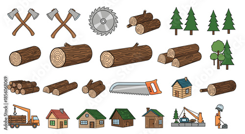 Large collection of timber industry icons including logs, axes, saws, wooden houses, and logging trucks on a clean white background.