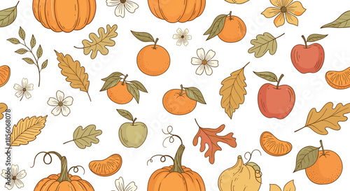 Vibrant seamless autumn pattern featuring pumpkins, apples, oranges, and fall leaves in warm tones for festive seasonal backgrounds.