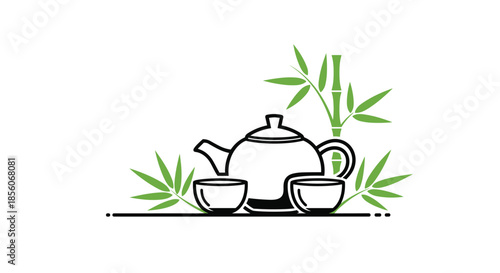 Line art illustration of traditional teapot and two cups placed next to green bamboo leaves on white background for tea.