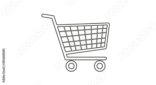 Simple black and white line drawing of empty supermarket shopping cart isolated on plain white background for retail.
