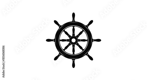 Black silhouette of classic nautical ship steering wheel with eight spokes isolated on white background for sailors.