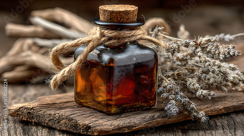 A rustic amber glass apothecary bottle with a cork stopper and twine detail sits on weathered wood, accompanied by dried lavender, evoking a timeless, natural herbal remedy aesthetic