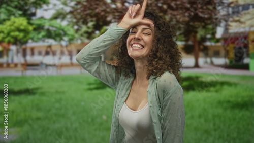 Tableau sur toile Woman holding hand to forehead forming l sign, smiling broadly, wearing sheer green blouse over white tanktop in front of building at a park; playful confidence
