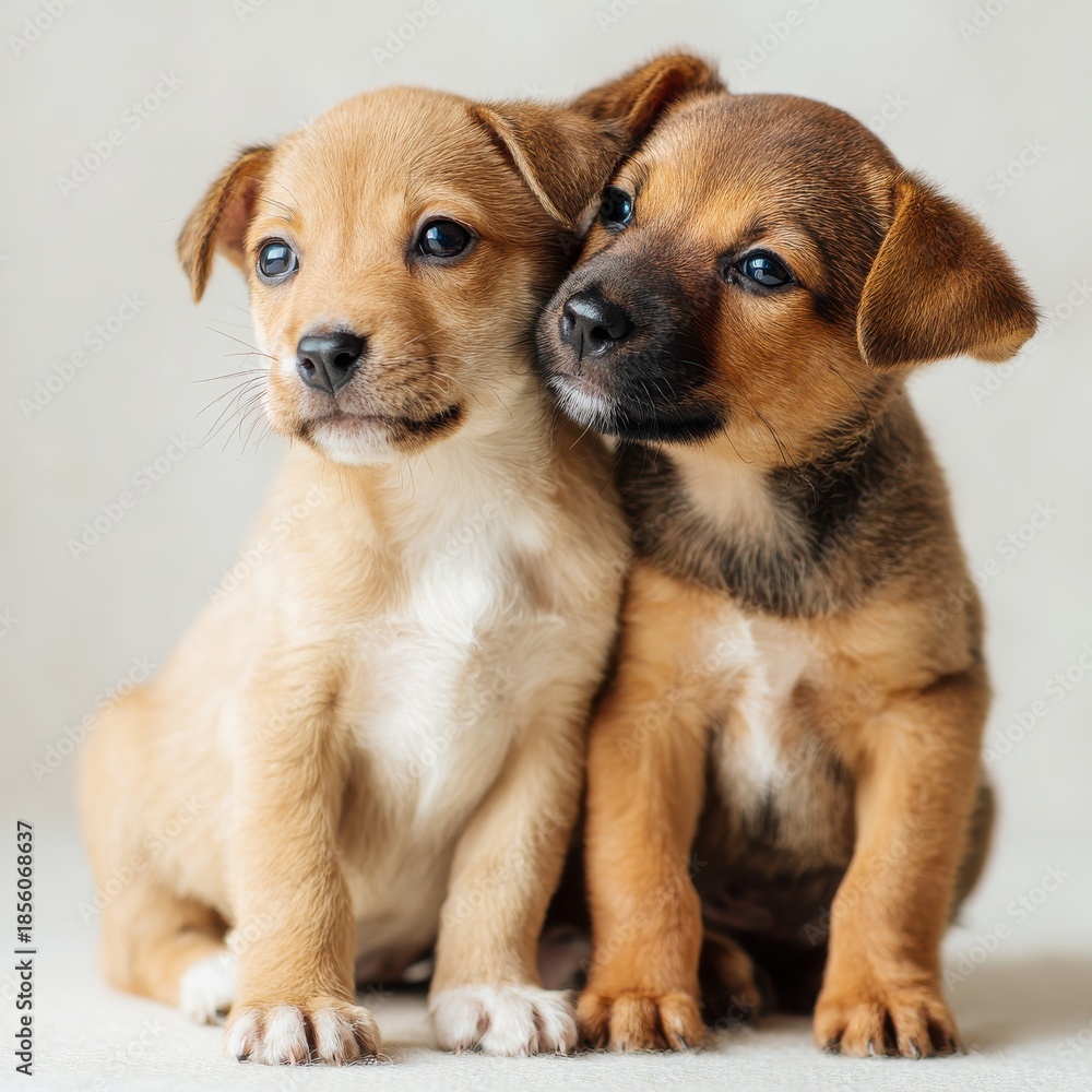 Fototapeta premium two cute puppies sitting together, emotional bond, soft natural light, clean background