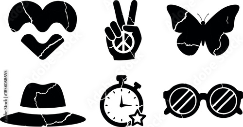 Peace and love symbols with butterfly hat stopwatch and sunglasses vector icons 