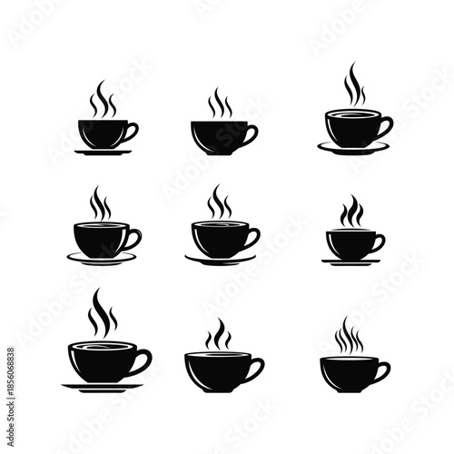 Coffee cup icon set collection, black silhouette steaming hot tea mug symbols, cafe and breakfast vector illustrations.eps