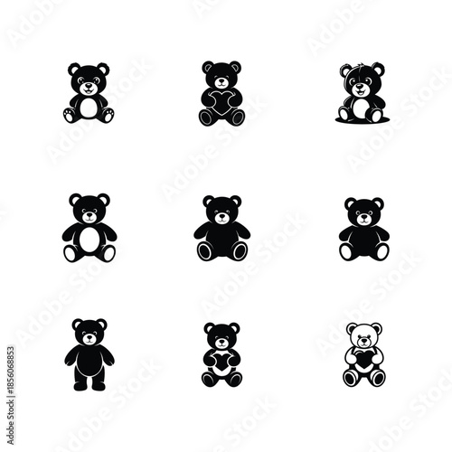 Teddy bear icon set collection, black silhouette cute bear character mascots with heart, sitting and standing vectors