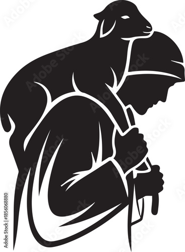 Silhouetted man carrying sheep