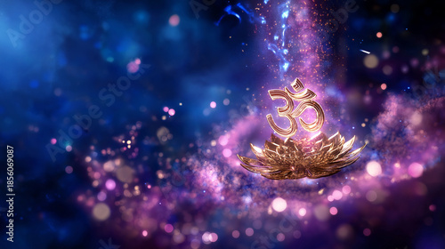 Divine cosmic chant mantra representation, deity spiritual phrase, sacred syllables glowing, meditation concept, religious energy, defocused cosmic background, with copy space