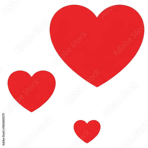Three red hearts of varying sizes on white background love romance