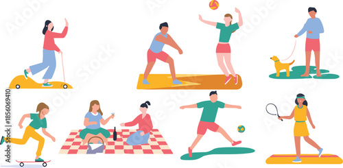 Outdoor activity cartoon set, scooter, volleyball, dog walking, skateboarding, picnic, soccer, tennis, leisure and sports illustration