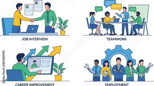 Professional development cartoon illustration set, job interview, teamwork, career improvement, employment, workplace skills, business growth, training