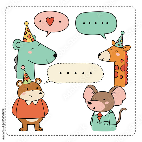 cartoon animals in party hats with speech bubbles for kids party invitations, birthday greeting cards, nursery education, children blogs and daycare posters, with copy space