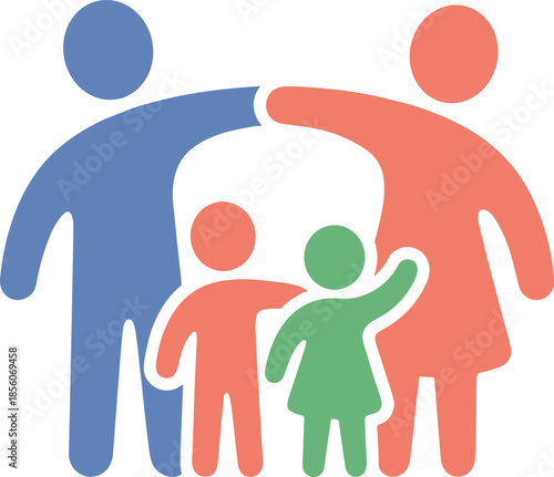 Stylized family unity illustration, protective parents embracing children, parenting care, social support, love, bonding, colorful minimal design