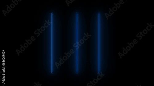 Three blue glowing neon fluorescent light rods on black background