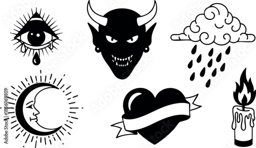 Devil moon eye heart candle tattoo style vector icons with raindrop cloud 