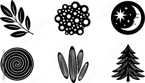 Nature symbols collection including leaf, flower, moon, spiral, corn, and pine tree vector icons 