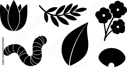 Black silhouette floral and leaf nature icons vector set with worm and branches 