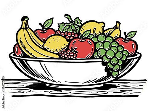 Retro Fruit Bowl Woodcut Illustration. Vibrant Line Art Drawing of Apples, Bananas, Grapes, and Berries on White.