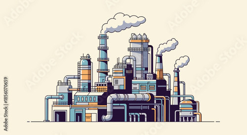 An intricate illustration of a large industrial complex or factory with numerous pipes, tanks, and smokestacks emitting smoke.