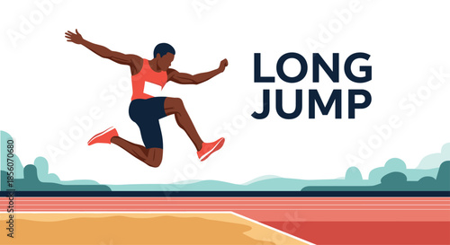 A male athlete is captured mid-air during a powerful long jump at a track and field competition, with the event name in text.