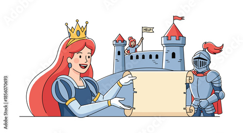 A smiling princess with a crown presents a blank scroll, while a knight in armor stands guard by a castle with a damsel in distress.