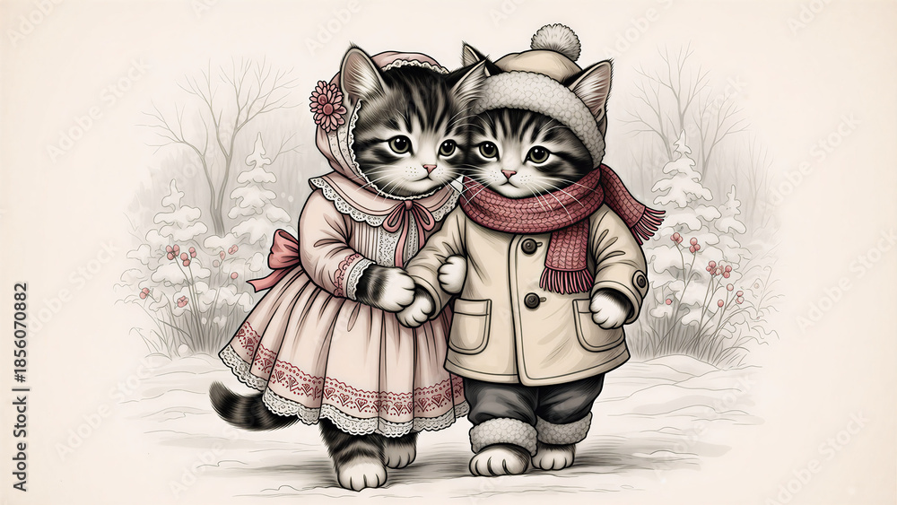 Fototapeta An adorable cartoon illustration of a cute black and white kitten with a cat and dog, featuring funny domestic animals and a vector pet art isolated on a beautiful snow background