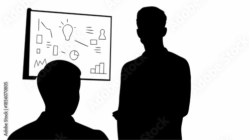 Two businessmen discussing ideas with presentation board