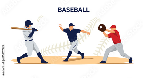 Set of baseball players in action, showing a pitcher throwing the ball, a batter swinging, and a catcher ready to receive the pitch.