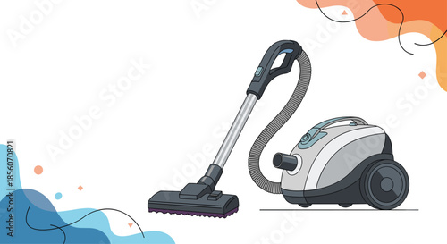 Modern vacuum cleaner household appliance for cleaning floors and carpets, shown with abstract colorful shapes on a white background.