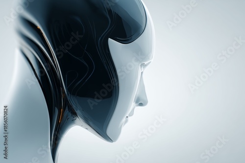 Cabeza de robot de perfil con diseño futurista, Imagen para marca de tecnología e inteligencia artificial, Fondo minimalista para evento de innovación, Ilustración 3D de una cyborg femenina