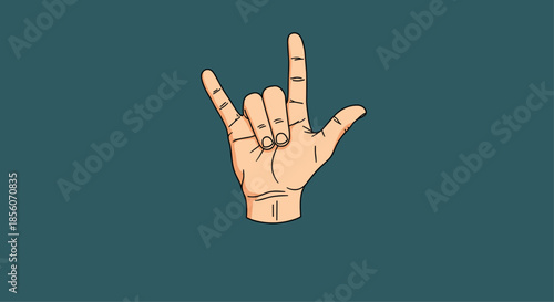 Hand gesture in American Sign Language for 'I love you', shown in a cartoon style with clear line art on a solid dark green background.