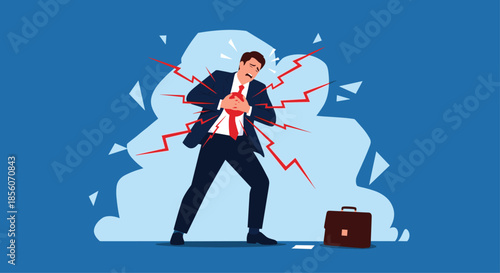 Businessman in a suit clutching his chest and experiencing a sudden, sharp pain, illustrating a heart attack or severe chest pain.