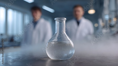 A clear liquid in a laboratory flask emits vapor with blurred scientists in the background