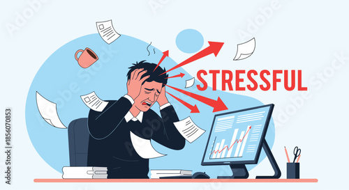 Overwhelmed and stressed businessman at his desk with papers flying around, arrows pointing at his head, and a rising graph on the computer.