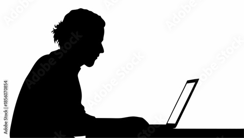 Man working on laptop in dark silhouette with white background