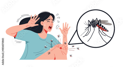 Woman screaming in fear as she is attacked by a swarm of mosquitos, with a magnified view showing an Aedes mosquito biting her skin.