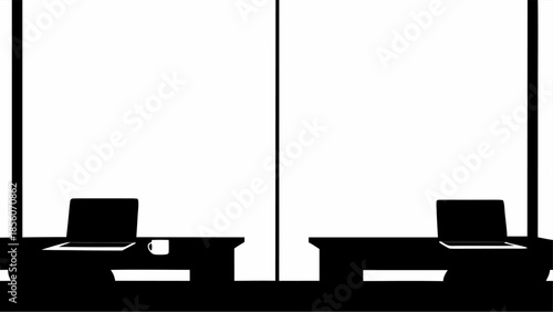 Modern office workspace with two desks and laptops