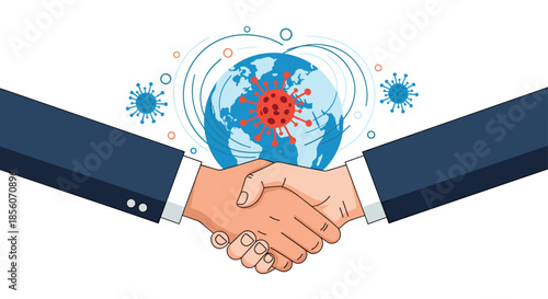 Business handshake with a globe in the background affected by coronavirus, symbolizing a global agreement or deal during the pandemic.